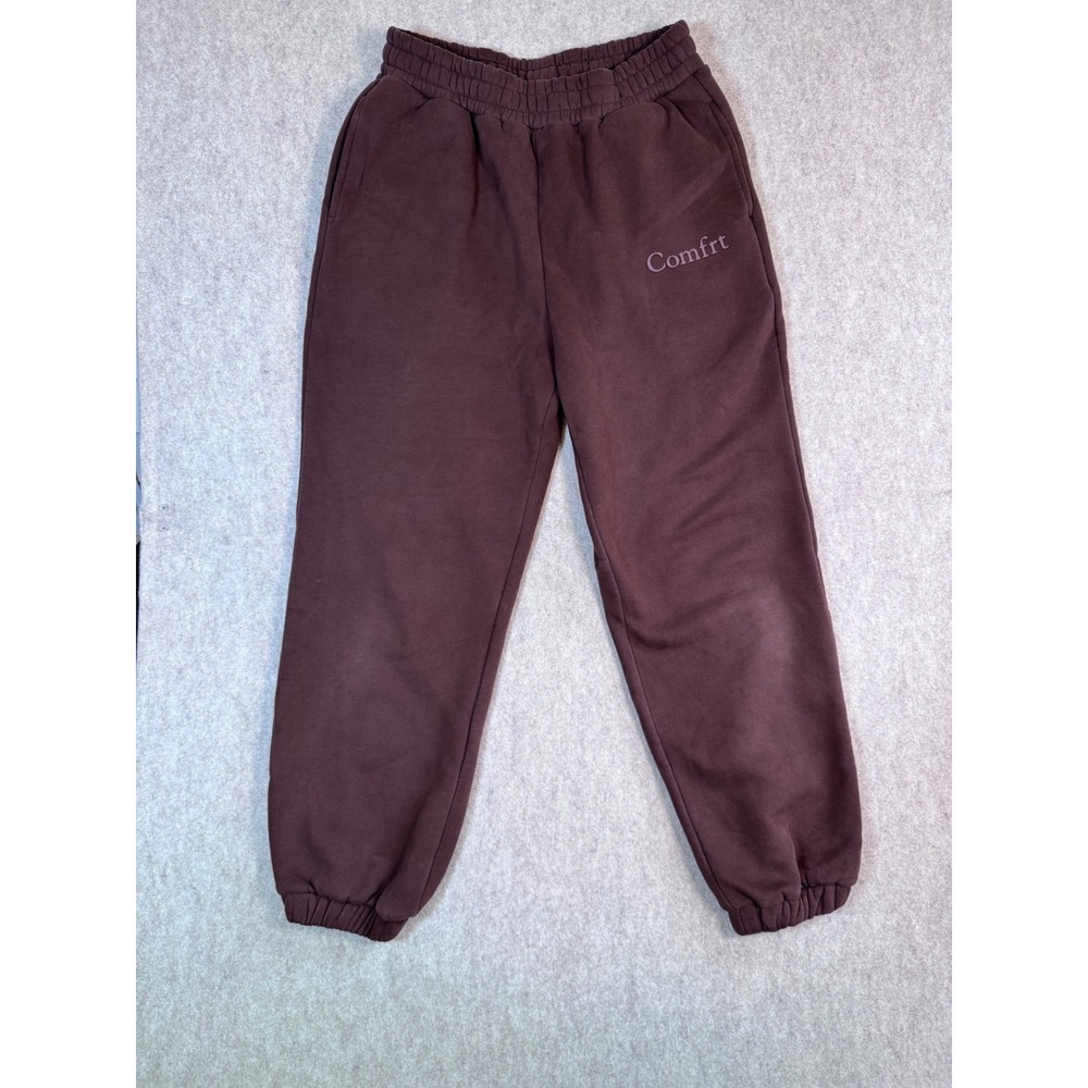 Comfrt Womens Jogger Sweatpants Brown Fleece Lined High Waisted Large Loungewear